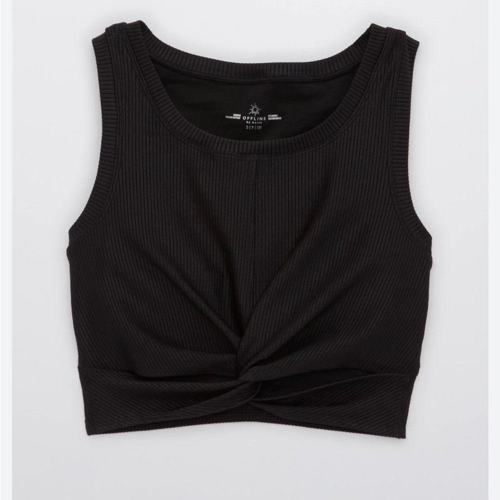 AERIE Black Ribbed Twist Front Crop Top